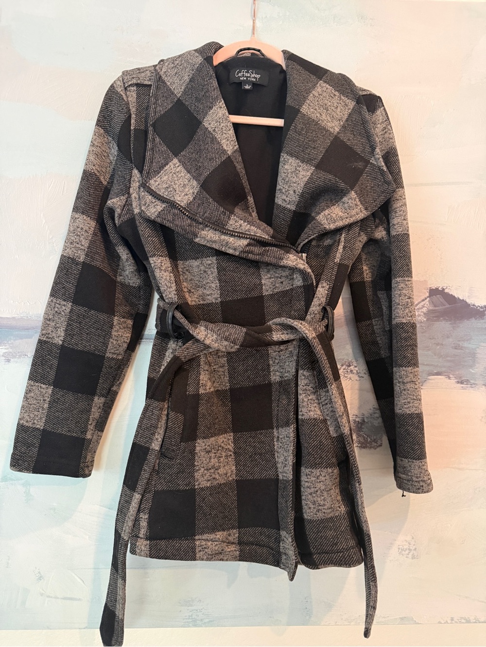 CoffeeShop Black and Gray Plaid Belted Wrap Jacket